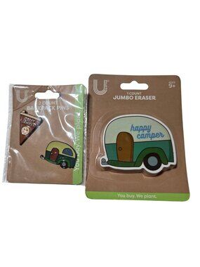 Happy Camper Jumbo Eraser 2 Backpack Pins Gift Set Back to School Summer Camp